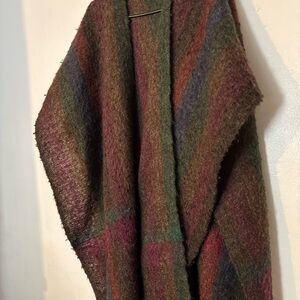 Vintage Vinty Wool Blend Poncho Shawl – Earth Tone Stripes – Made in Japan